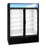 A black glass door refrigerator with two sliding doors, five white wire shelves inside, and a blue geometric graphic on the lighted top panel. This refrigerated merchandiser stands empty against a white background.
