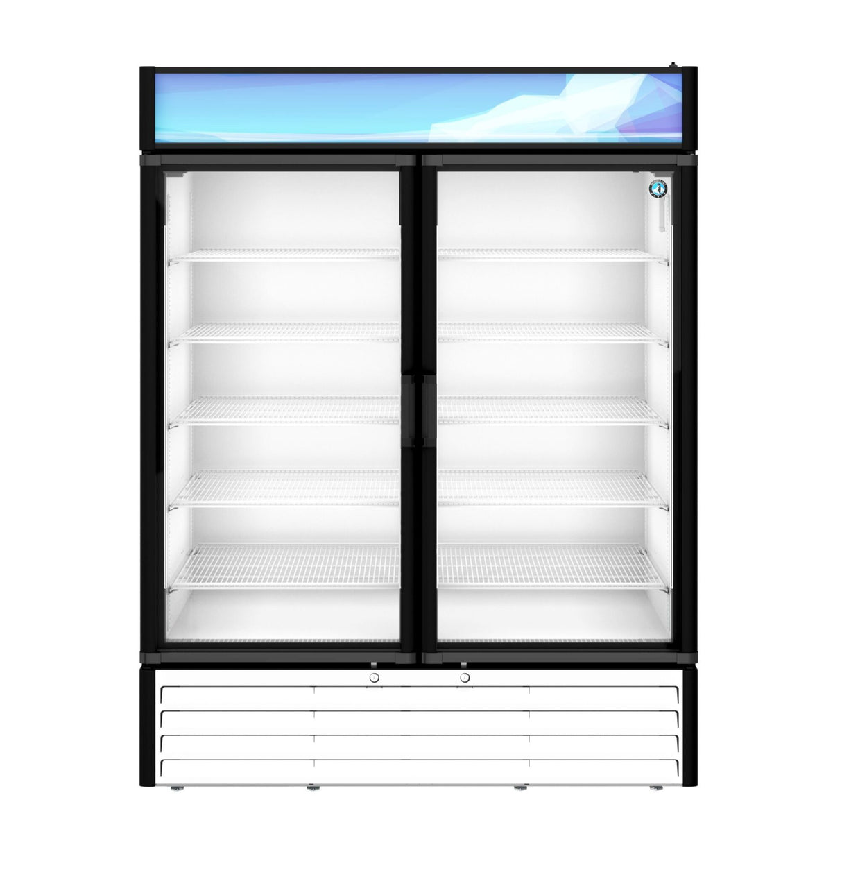 A Hoshizaki refrigerated merchandiser with two sliding glass doors, black frame, and empty white wire shelves. The top features a blue graphic panel, while the bottom section has a white vented grille for cooling.