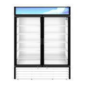 A Hoshizaki refrigerated merchandiser with two sliding glass doors, black frame, and empty white wire shelves. The top features a blue graphic panel, while the bottom section has a white vented grille for cooling.