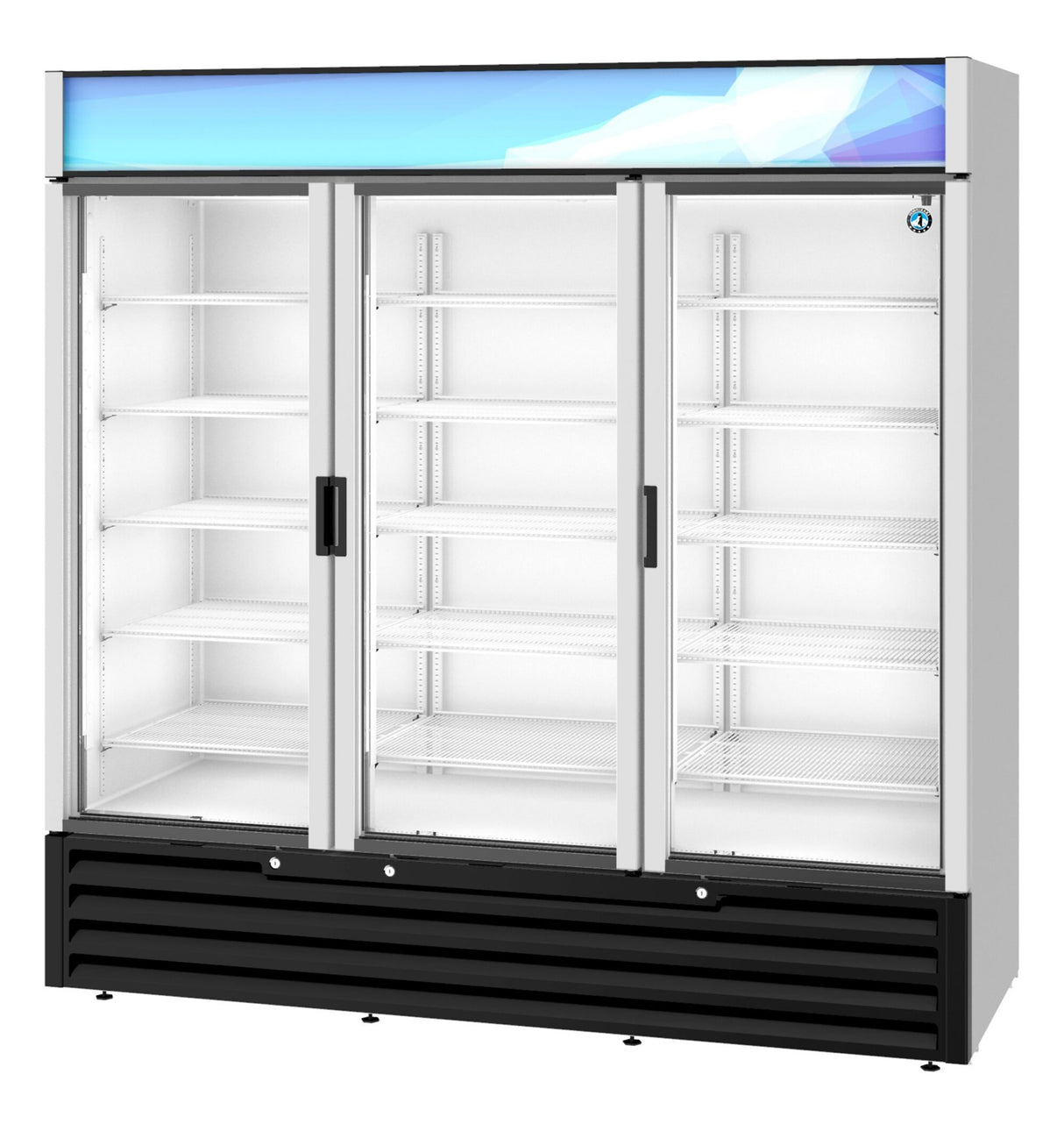A commercial glass door refrigerated merchandiser with three doors, white interior shelves, and bright lighting. The top panel displays a blue geometric design, while the bottom features a black vented grille. Vertical handles and metal frames add a sleek finish.