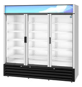 A commercial glass door refrigerated merchandiser with three doors, white interior shelves, and bright lighting. The top panel displays a blue geometric design, while the bottom features a black vented grille. Vertical handles and metal frames add a sleek finish.