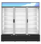 A large, commercial glass door refrigerator with three sliding doors and multiple empty white wire shelves inside. The top panel features a blue geometric design, while vents are built into the black lower section of this well-lit refrigerated merchandiser.