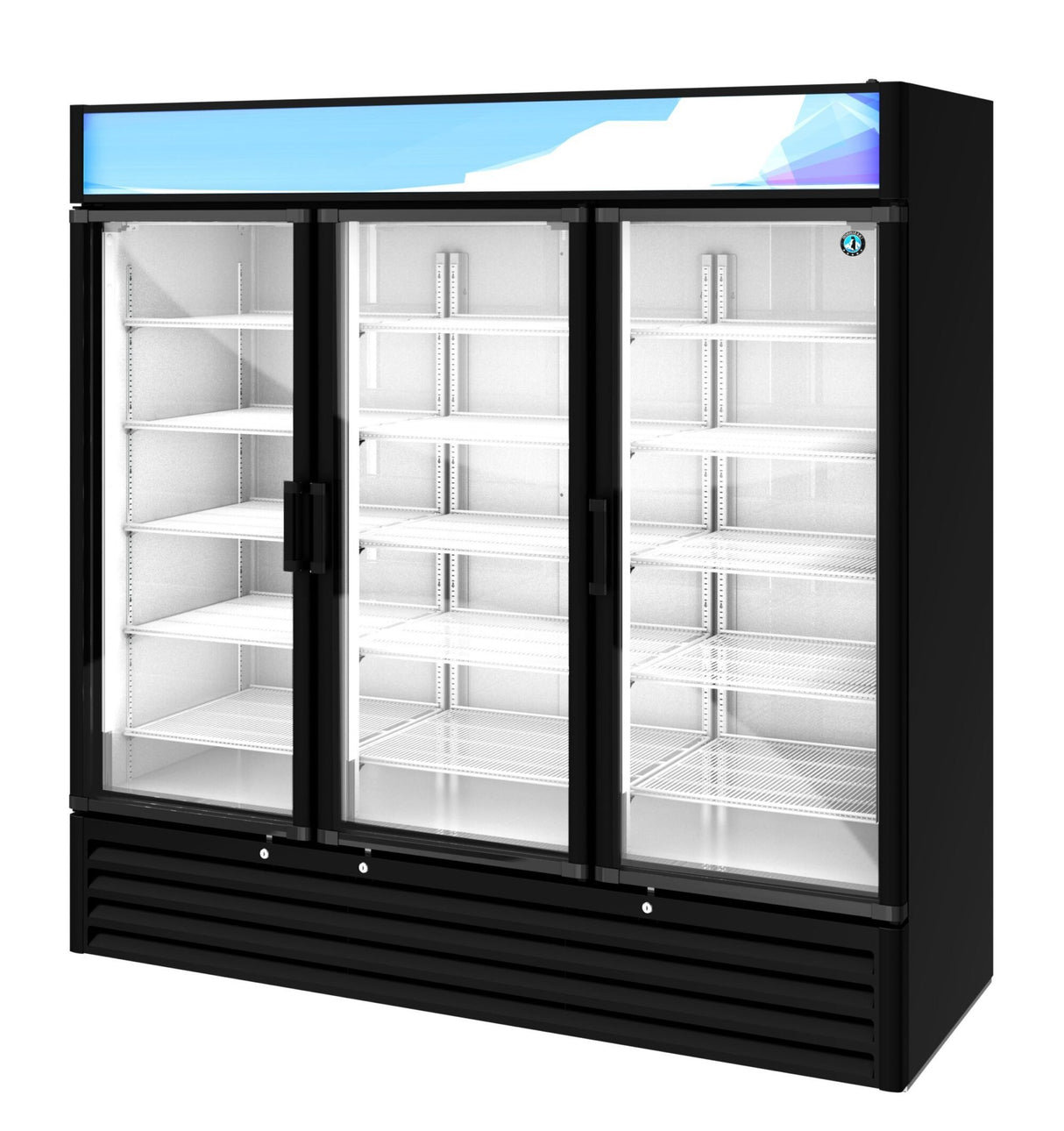 A reach-in three-section glass door refrigerator with a black exterior, empty white wire shelves, and bright lighting. The refrigerated merchandiser features a blue and white panel for signage, perfect for displaying food or beverages in any retail setting.