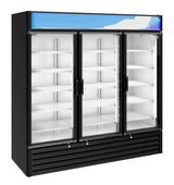 A large, black reach-in three-section glass door refrigerator with brightly lit interiors, empty white shelves, and a blue and white graphic panel on top—perfect as a refrigerated merchandiser for any commercial setting.