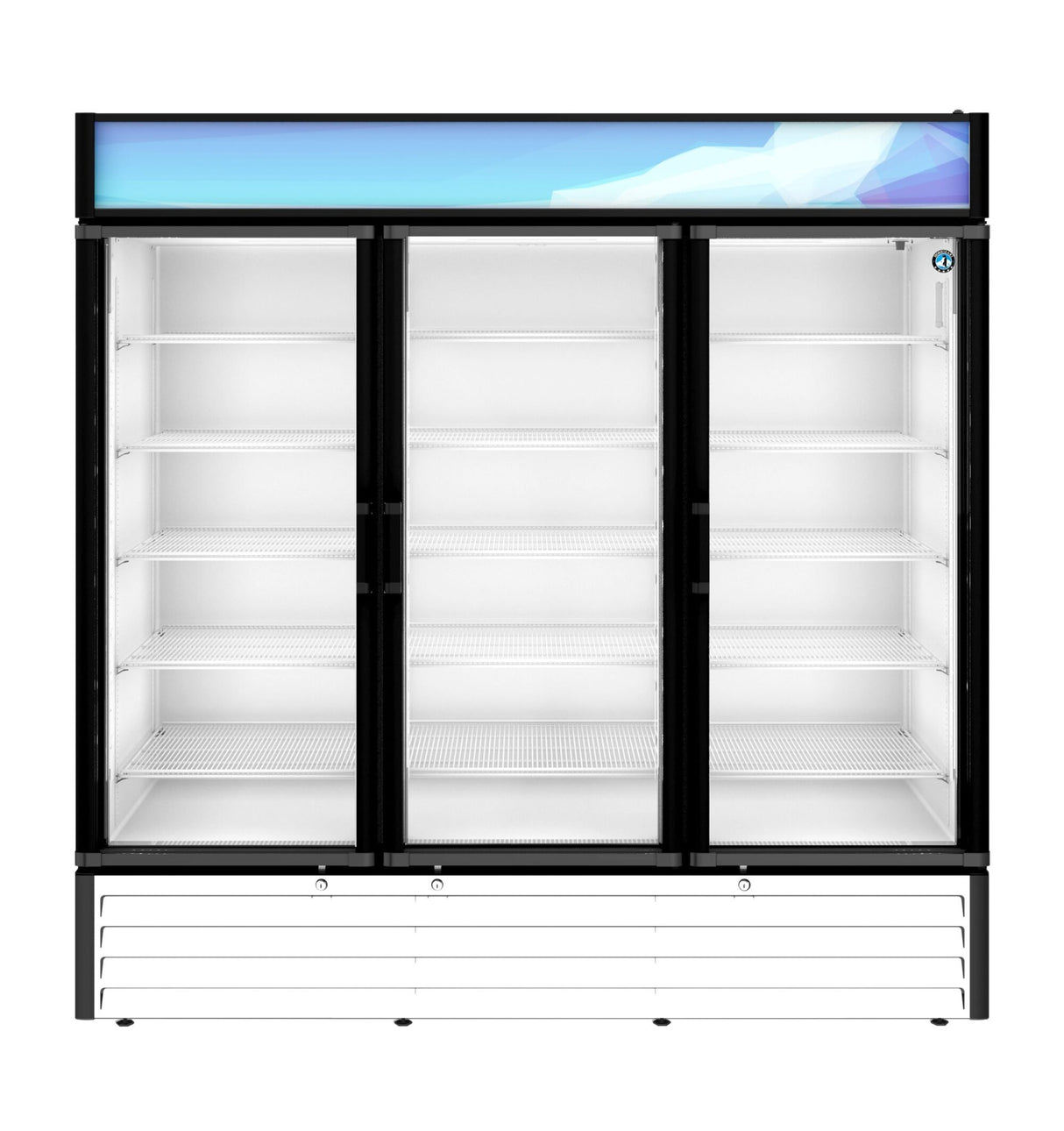 An empty reach-in glass-door refrigerated merchandiser with three sections and multiple adjustable white shelves. It features a blank blue sign at the top and black door frames, standing against a white background.