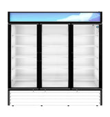 An empty reach-in glass-door refrigerated merchandiser with three sections and multiple adjustable white shelves. It features a blank blue sign at the top and black door frames, standing against a white background.