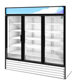 A reach-in commercial glass-door refrigerator with three sections features clear doors, multiple empty white shelves, a sleek black frame, and a blank blue sign area on top. The bottom includes a white vent panel for this refrigerated merchandiser.