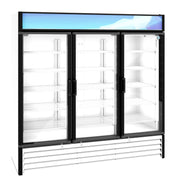 A large, commercial glass door refrigerated merchandiser with three sections and empty white wire shelves. The black frame, clear doors, and abstract blue and purple top panel sit above a vented white base for a clean reach-in display.