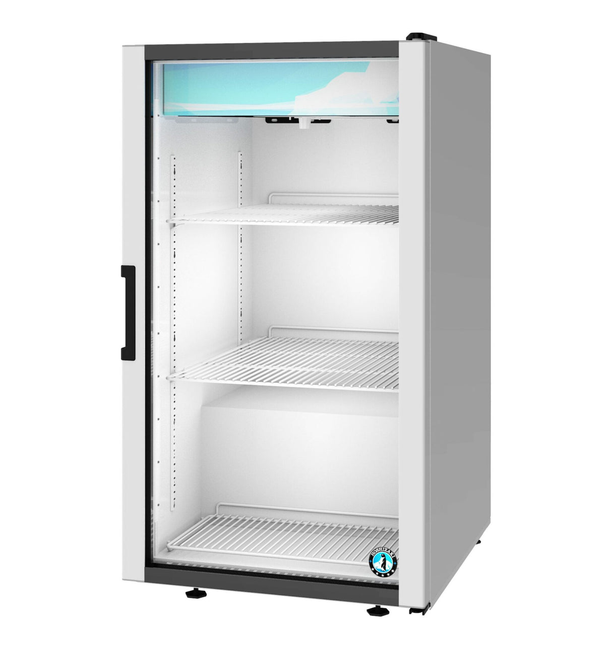 A commercial Hoshizaki white refrigerated merchandiser with a glass door, black trim, and a left-side handle. The brightly lit interior features three empty metal wire shelves. This countertop refrigerator stands on small adjustable feet.