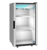 A Hoshizaki refrigerated merchandiser with a glass front door, three adjustable wire shelves, interior lighting, and a blue accent at the top. The fridge is empty and the door is partially open, revealing a bright white interior.