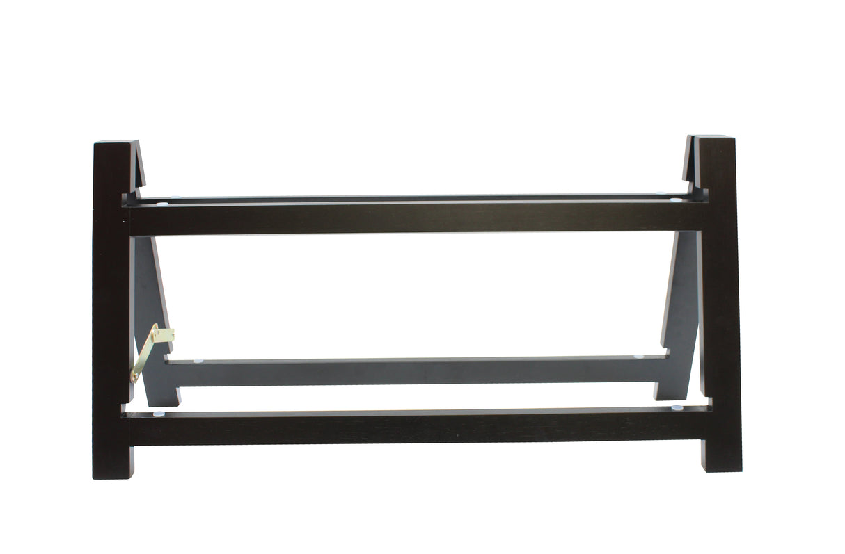 A wooden Frostone Riser Frame by TableCraft Products, painted dark brown or black, features two angled side supports and two horizontal bars. This simple, sturdy 2-tier folding riser is ideal for supporting objects or furniture pieces.