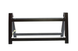 A wooden Frostone Riser Frame by TableCraft Products, painted dark brown or black, features two angled side supports and two horizontal bars. This simple, sturdy 2-tier folding riser is ideal for supporting objects or furniture pieces.