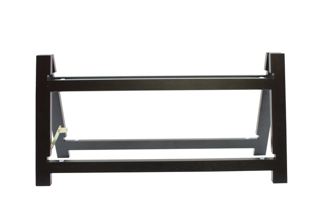 A wooden Frostone Riser Frame by TableCraft Products, painted dark brown or black, features two angled side supports and two horizontal bars. This simple, sturdy 2-tier folding riser is ideal for supporting objects or furniture pieces.