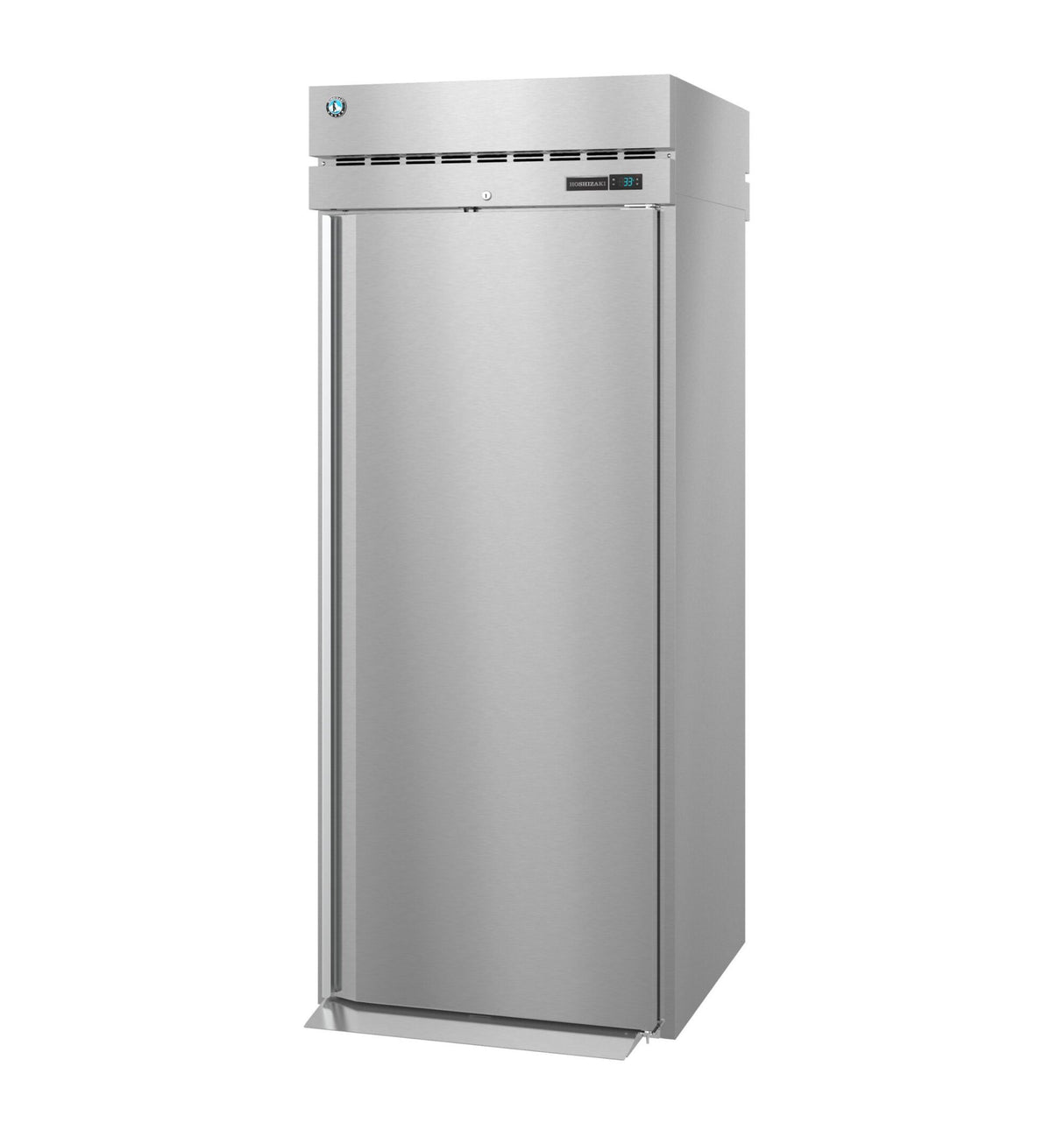 A tall, rectangular Steelheart Series Refrigerator features a solid front door, top ventilation panel, digital temperature display, and sturdy base. Its smooth metallic surface and modern industrial design make it an ideal stainless steel refrigerator for any kitchen.
