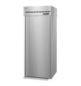 A tall, rectangular Steelheart Series Refrigerator features a solid front door, top ventilation panel, digital temperature display, and sturdy base. Its smooth metallic surface and modern industrial design make it an ideal stainless steel refrigerator for any kitchen.