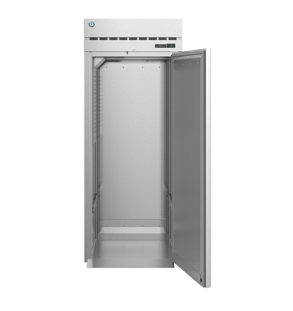 A tall, industrial Steelheart Series Refrigerator with its single door open reveals empty metal shelves and a clean, spacious interior. The fridge features a vented control panel at the top and a modern, commercial design.