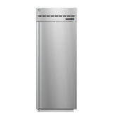 A tall, stainless steel refrigerator from the Steelheart Series with a single solid door, vertical handle on the left, digital temperature display, air vents at the top, and a blue circular logo sits on a plain white background.