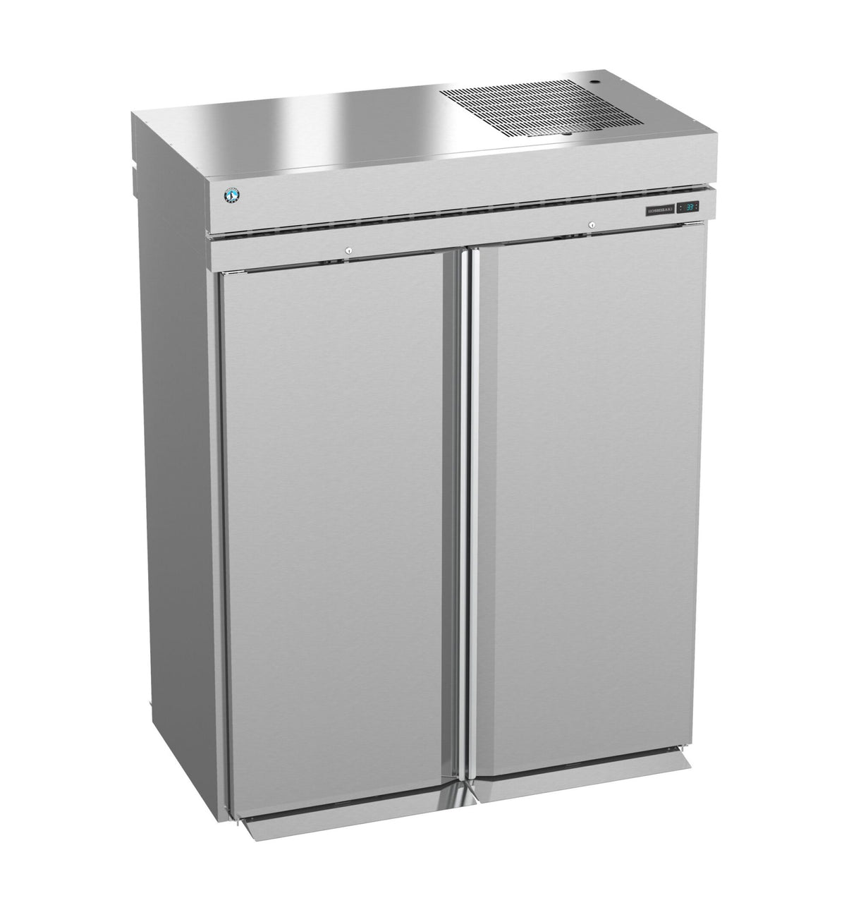 A sleek, modern Steelheart Series Refrigerator, this stainless steel commercial refrigerator features two vertical doors, a flat top, and a brushed metal finish. The vent and control panel are conveniently located on the upper right side.