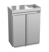 A sleek, modern Steelheart Series Refrigerator, this stainless steel commercial refrigerator features two vertical doors, a flat top, and a brushed metal finish. The vent and control panel are conveniently located on the upper right side.
