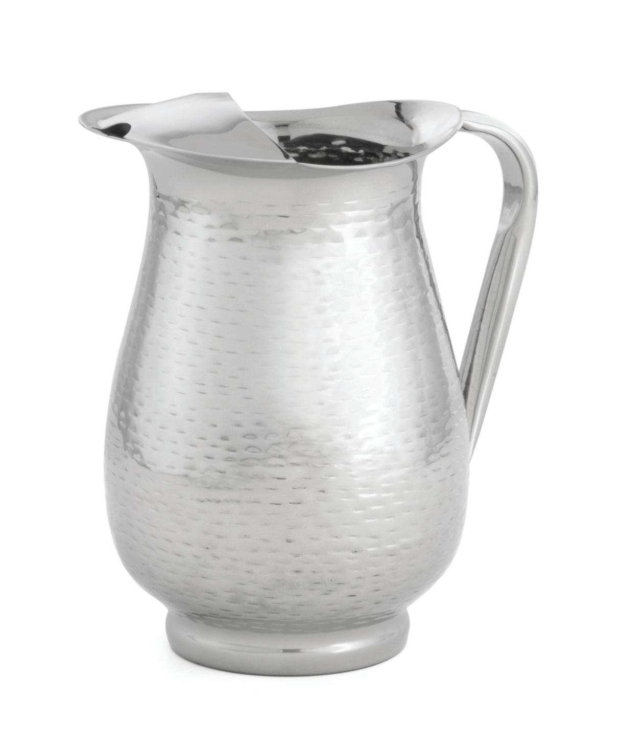 A shiny, hammered stainless steel beverage pitcher with a 2 qt capacity features a wide spout and curved handle. Its rounded body and slightly flared base create a classic, elegant appearance against the white background.