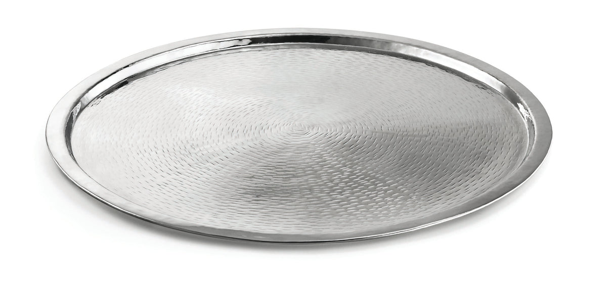 A round 21" dia. tray crafted from 18/8 stainless steel, featuring a slightly raised edge and a textured, hammered surface; the tray is empty and set against a plain white background.