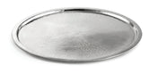 A round 21" dia. tray crafted from 18/8 stainless steel, featuring a slightly raised edge and a textured, hammered surface; the tray is empty and set against a plain white background.