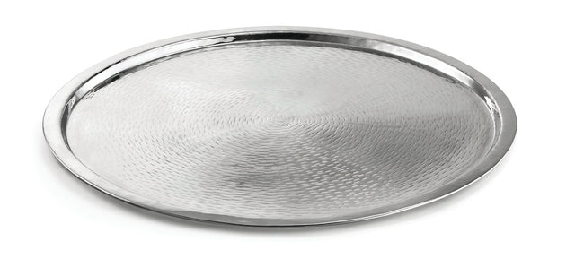 A round 21" dia. tray crafted from 18/8 stainless steel, featuring a slightly raised edge and a textured, hammered surface; the tray is empty and set against a plain white background.