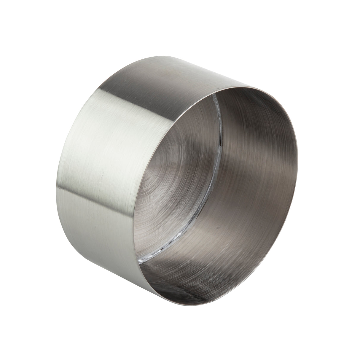 A metallic, cylindrical object with a brushed stainless steel finish, open at one end and closed at the other. It is photographed on a plain white background, highlighting both the circular opening and smooth, reflective, dishwasher safe inner surface.