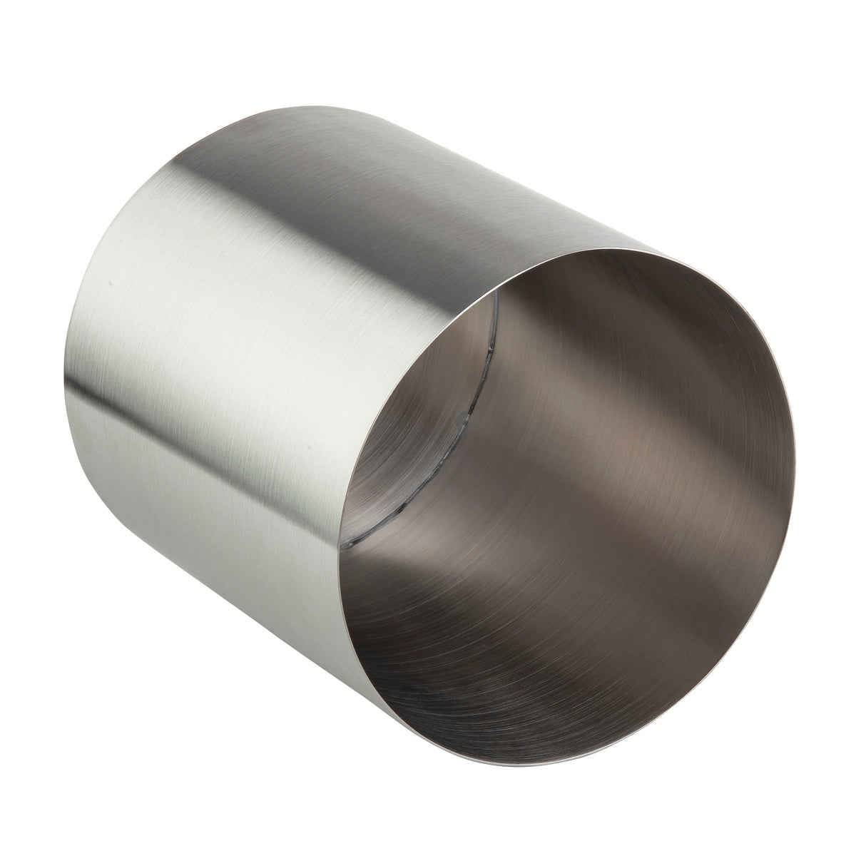 A cylindrical metal ring with a brushed stainless steel finish, open on both ends. The smooth, reflective surface highlights the curved outer wall and hollow interior, making it an ideal addition to any riser set.