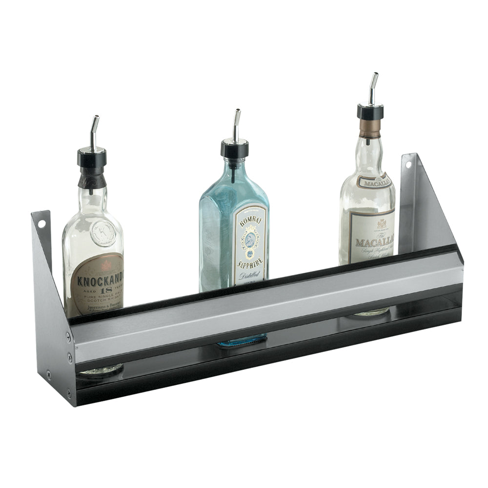 A stainless steel, wall-mounted bar shelf holds three liquor bottles with pour spouts. The bottles are spaced apart with clear labels, while angled side brackets create a minimalist, industrial design—like a single speed rail for your home bar.