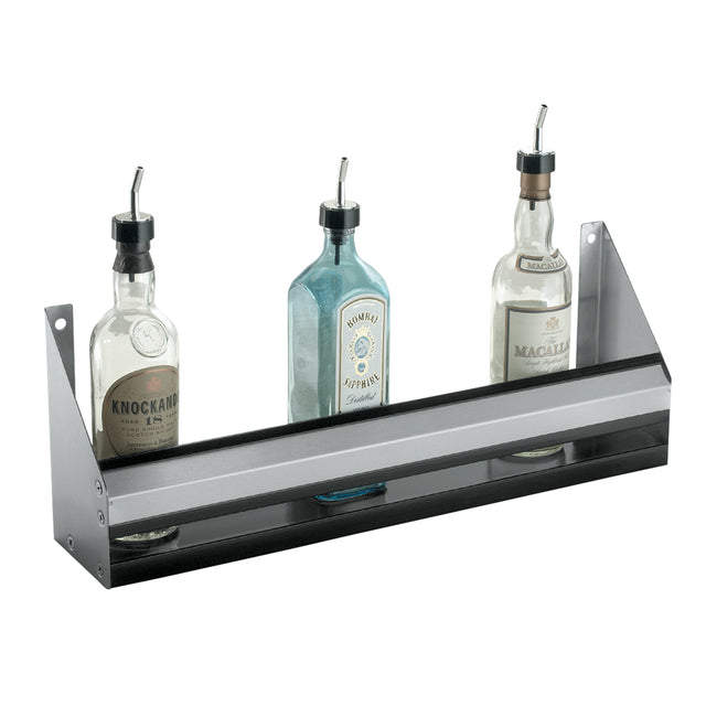 A stainless steel, wall-mounted bar shelf holds three liquor bottles with pour spouts. The bottles are spaced apart with clear labels, while angled side brackets create a minimalist, industrial design—like a single speed rail for your home bar.