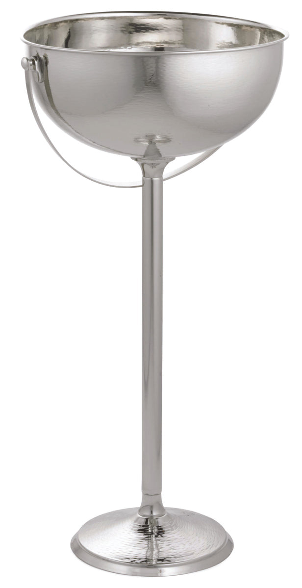 A tall, metallic silver beverage stand from the Remington Collection features a shiny, stainless steel finish, a round base, slender stem, and wide bowl-shaped top with handles on each side for easy transport.