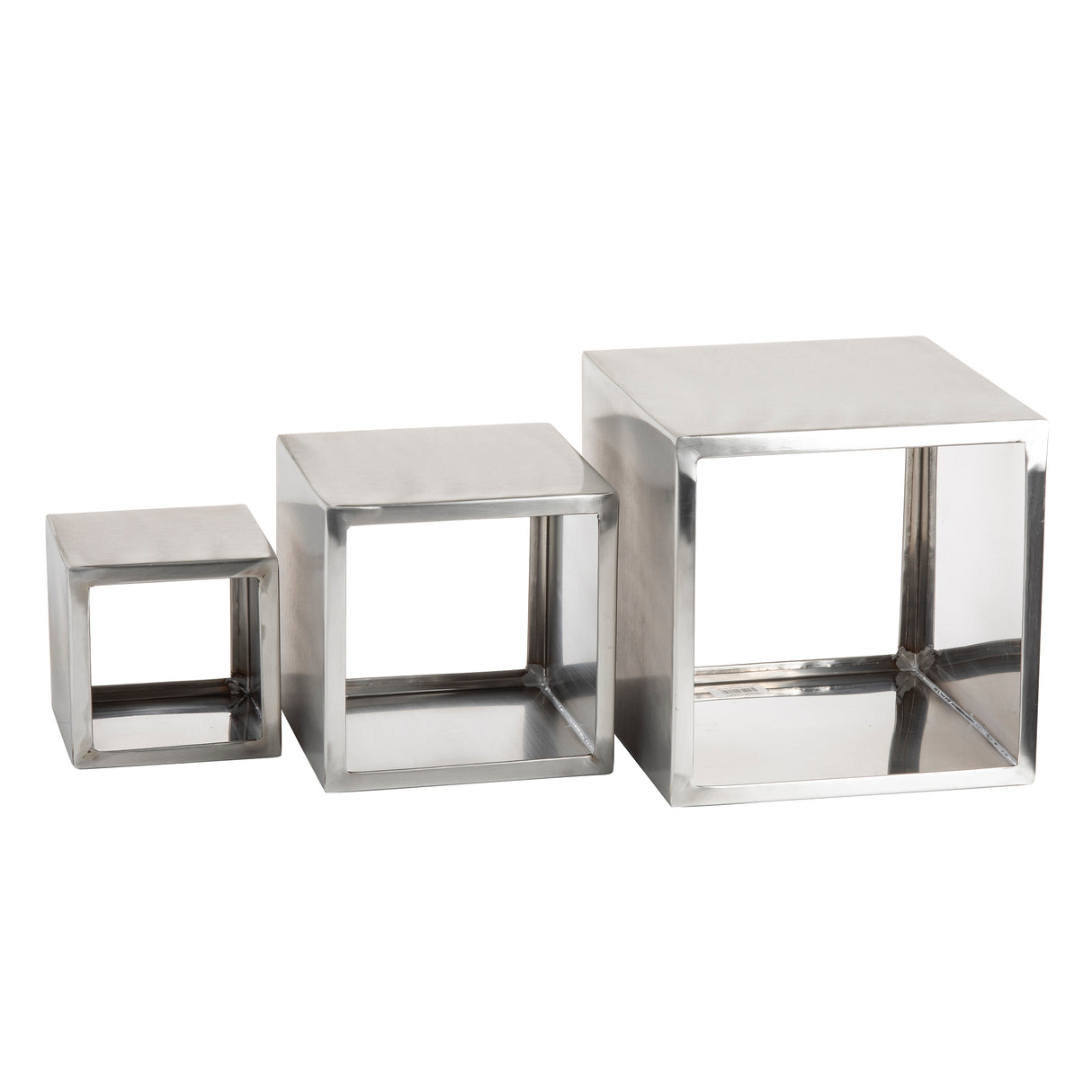 Three hollow brushed stainless steel cubes of varying sizes are arranged side by side on a white background. Each open-front cube in the Barclay Riser Set showcases smooth metallic surfaces and sharp edges, increasing in size from left to right.