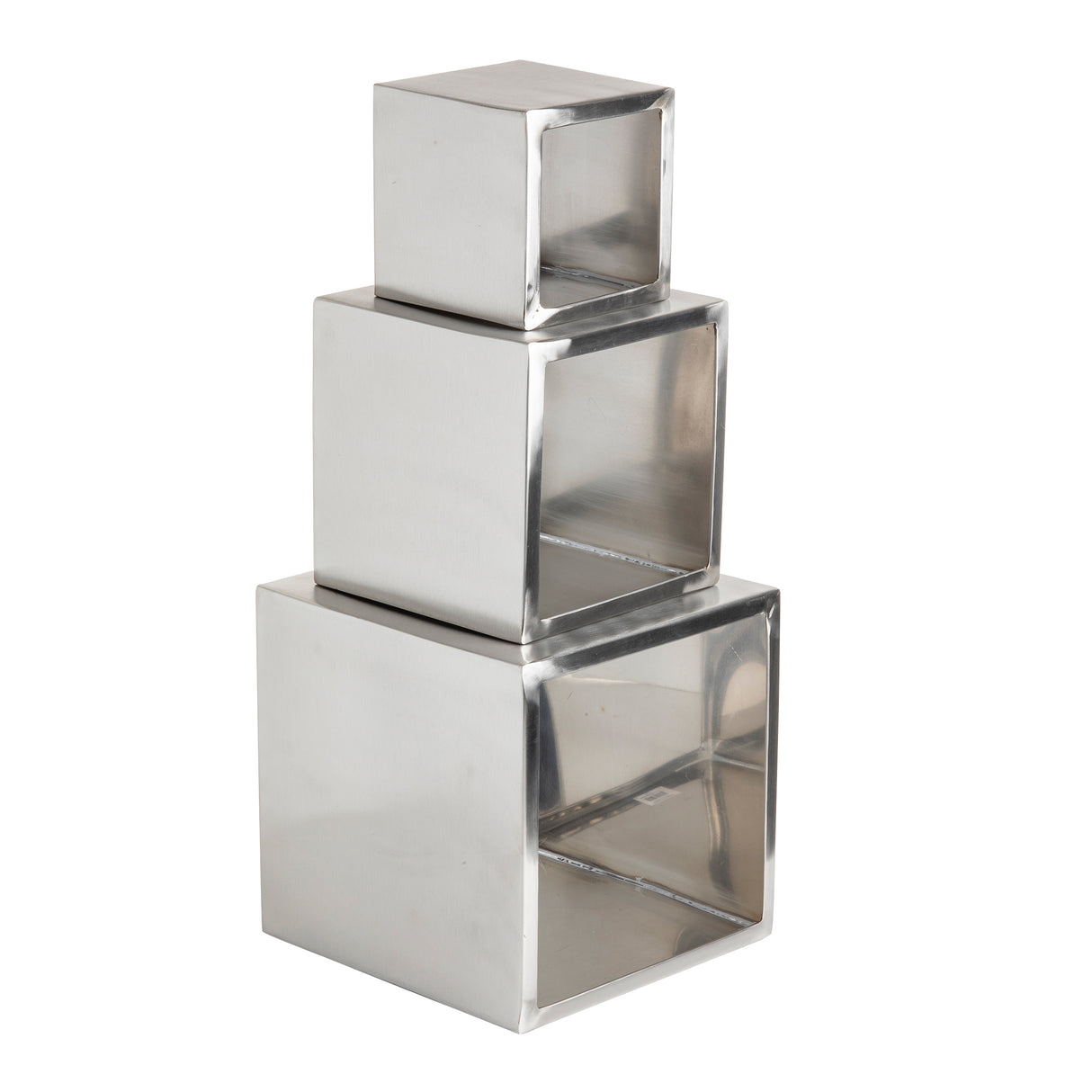 Three metallic, hollow, square-shaped cubes—part of the Barclay Riser Set—are stacked vertically from largest to smallest. Each features brushed stainless steel with shiny reflective surfaces and open fronts, creating a modern, minimalist tiered geometric display.