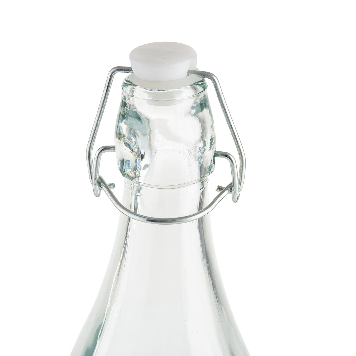 A close-up of the top of a Prima Glass Bottle, 34 oz, featuring a re-sealable metal wire swing-top closure and a white ceramic stopper against a plain white background.