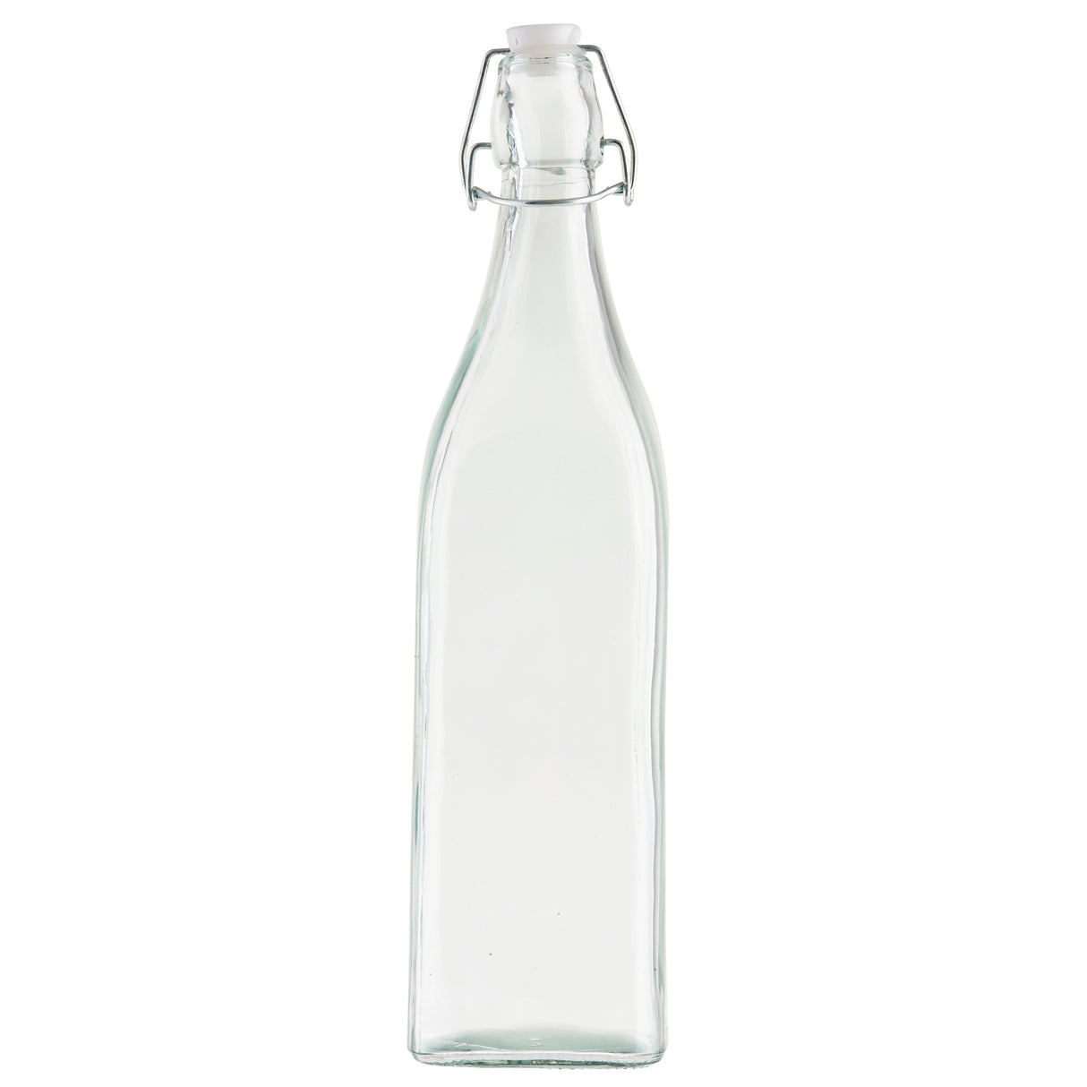 The Prima Glass Bottle is a clear, empty 34 oz bottle with a tall, slender shape and square base. Featuring a re-sealable swing-top lid with a white stopper and metal clasp, it stands upright against a plain white background.