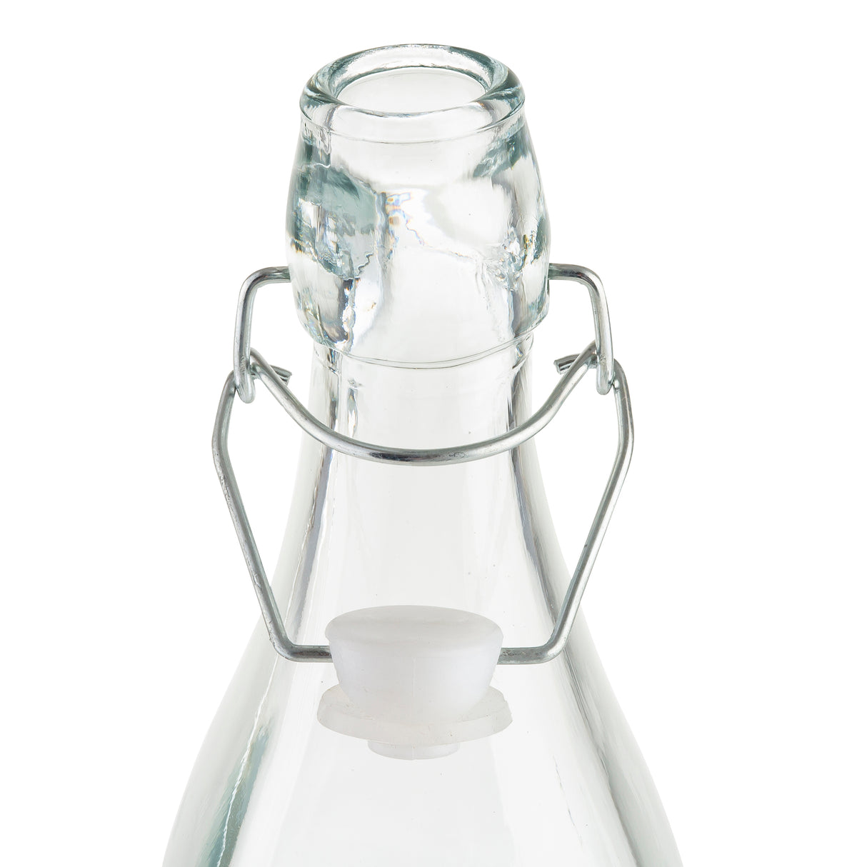 Clear Prima Glass Bottle with a re-sealable metal swing-top closure and white plastic stopper. The 34 oz bottle has a slightly tapered neck, with metal wires looped around to secure the stopper. The image background is white.