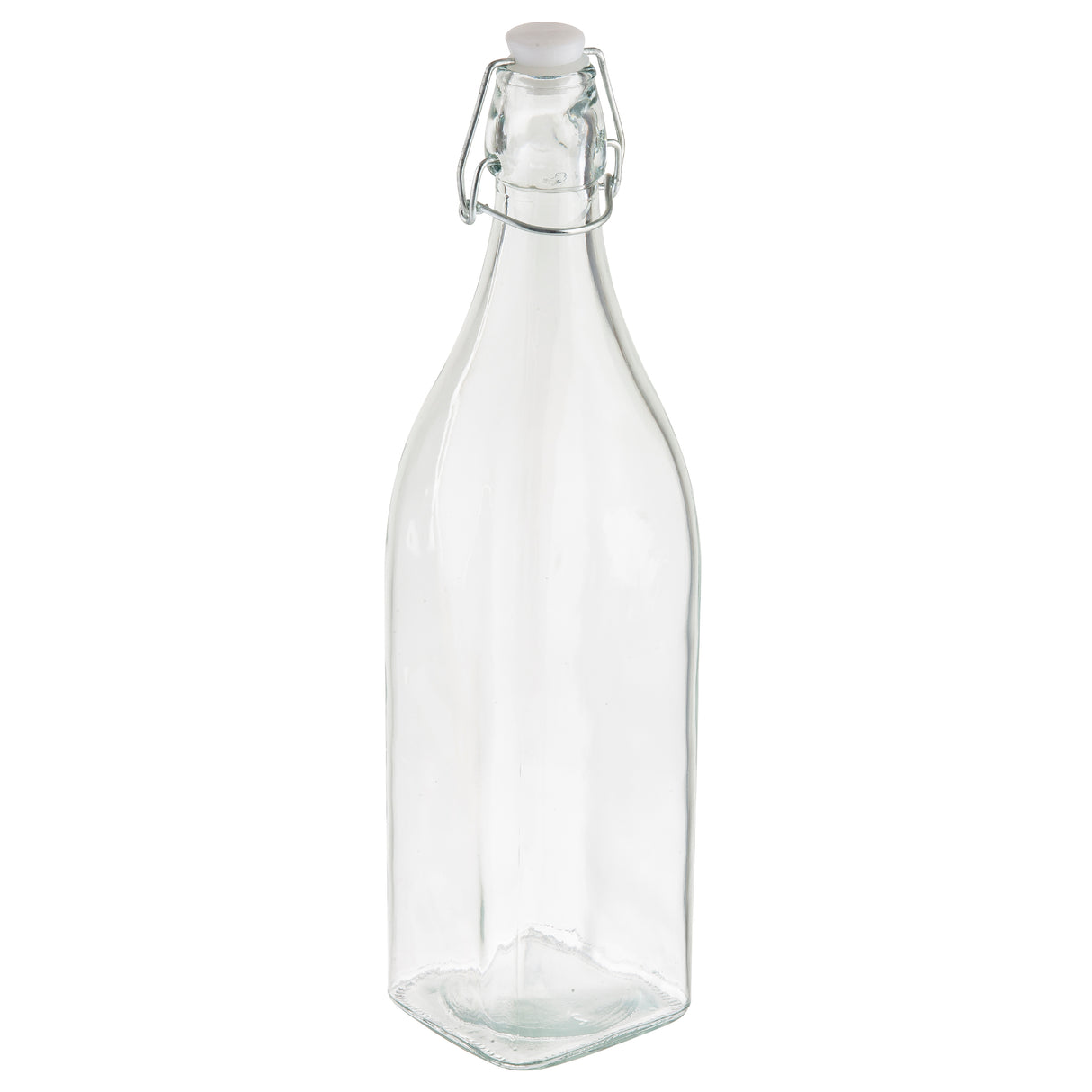 A clear, empty Prima Glass Bottle with a square base and a narrow neck, topped with a re-sealable metal swing-top closure and white cap. This 34 oz. bottle stands upright on a white background.