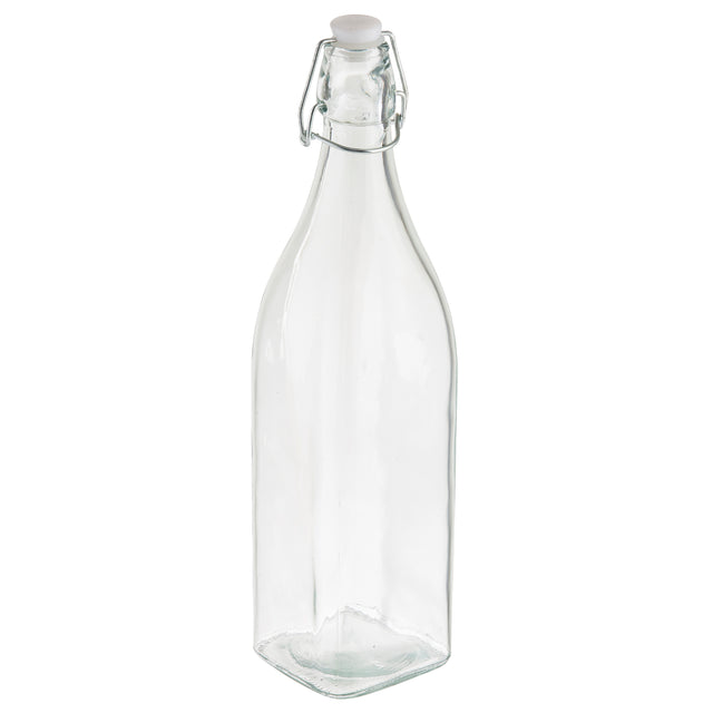 A clear, empty Prima Glass Bottle with a square base and a narrow neck, topped with a re-sealable metal swing-top closure and white cap. This 34 oz. bottle stands upright on a white background.