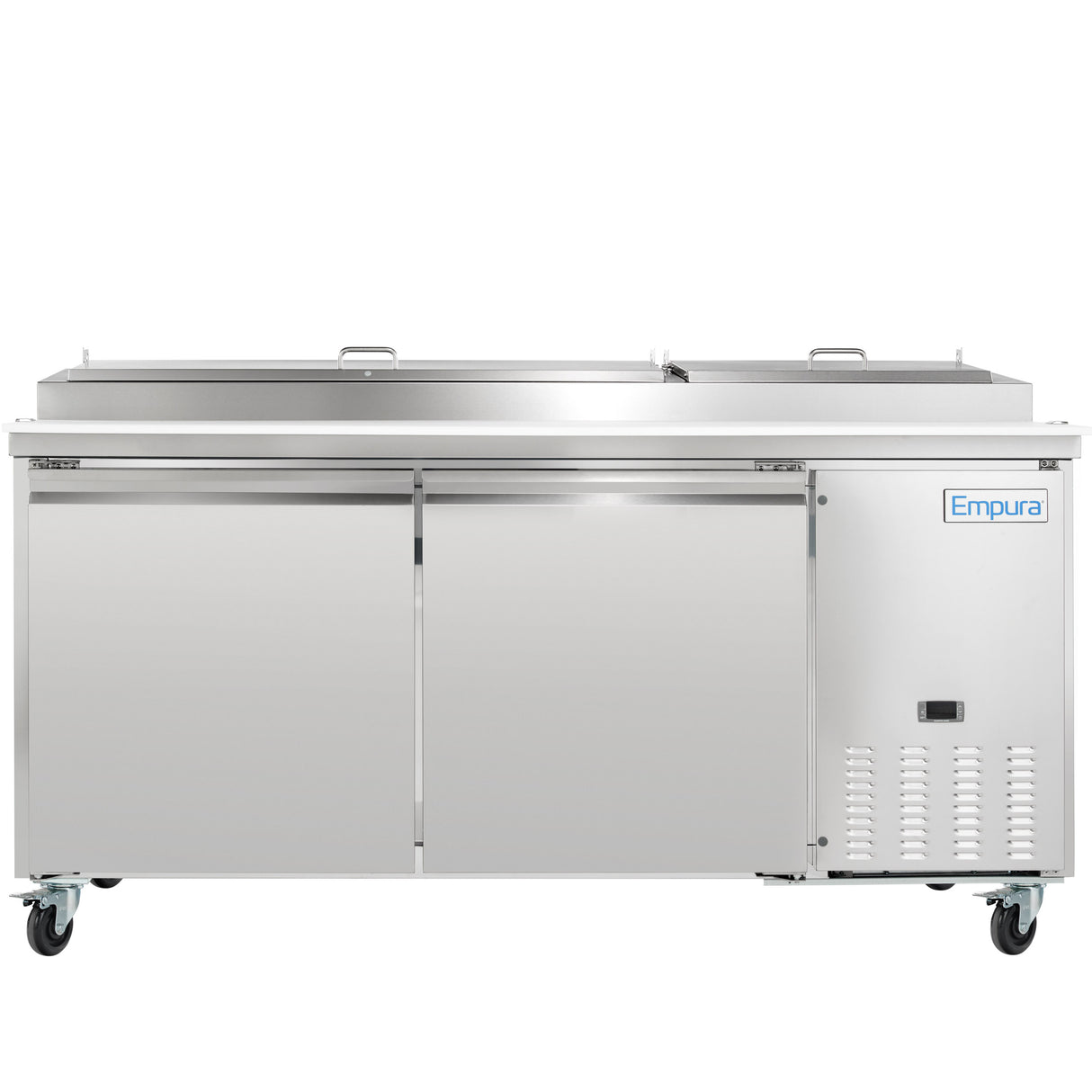 A commercial stainless steel pizza prep table with two sliding doors, a flat prep top, and two metal lids. It stands on four caster wheels and features the Empura Refrigeration brand name above a vented panel for a clean, industrial look.