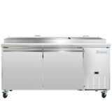 A commercial stainless steel pizza prep table with two sliding doors, a flat prep top, and two metal lids. It stands on four caster wheels and features the Empura Refrigeration brand name above a vented panel for a clean, industrial look.