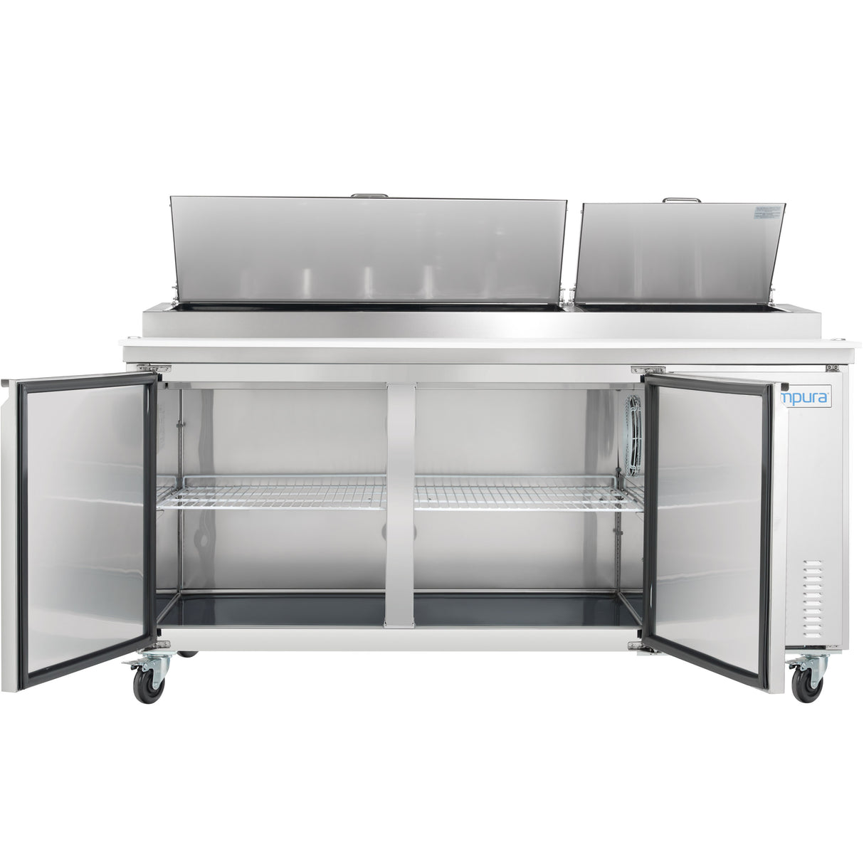 A commercial stainless steel Pizza Prep Table with two open top lids and double front doors revealing wire shelving inside. The unit features four wheels for mobility and a blue Empura Refrigeration logo on the bottom right corner.