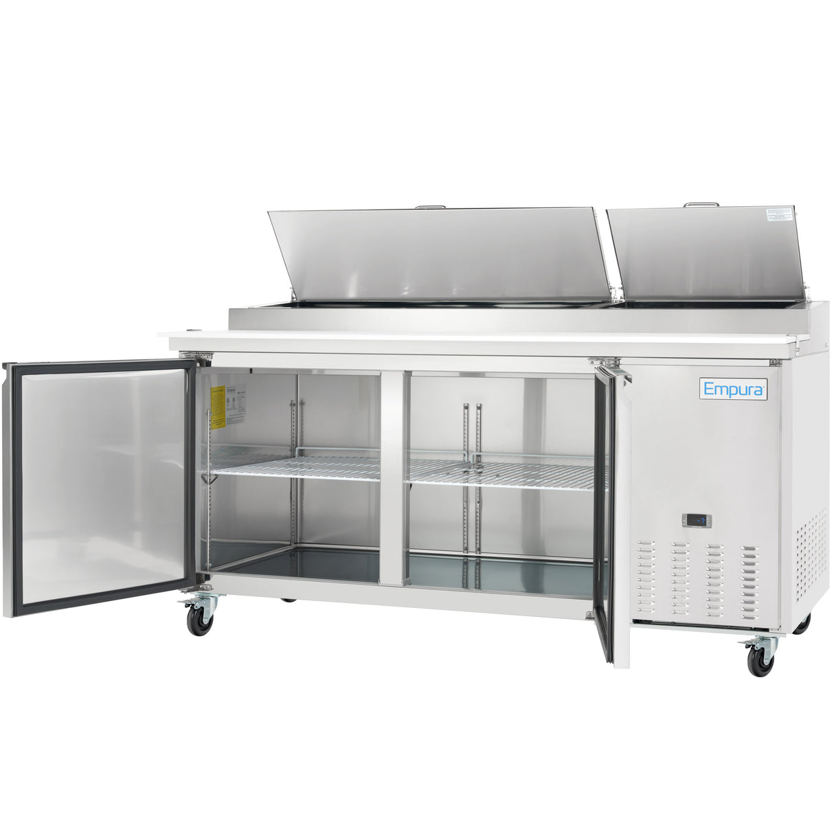 A commercial Empura Refrigeration stainless steel pizza prep table with two open top lids showing storage bins and two front doors revealing wire shelves. The unit is on wheels and features the Empura brand logo on the front.