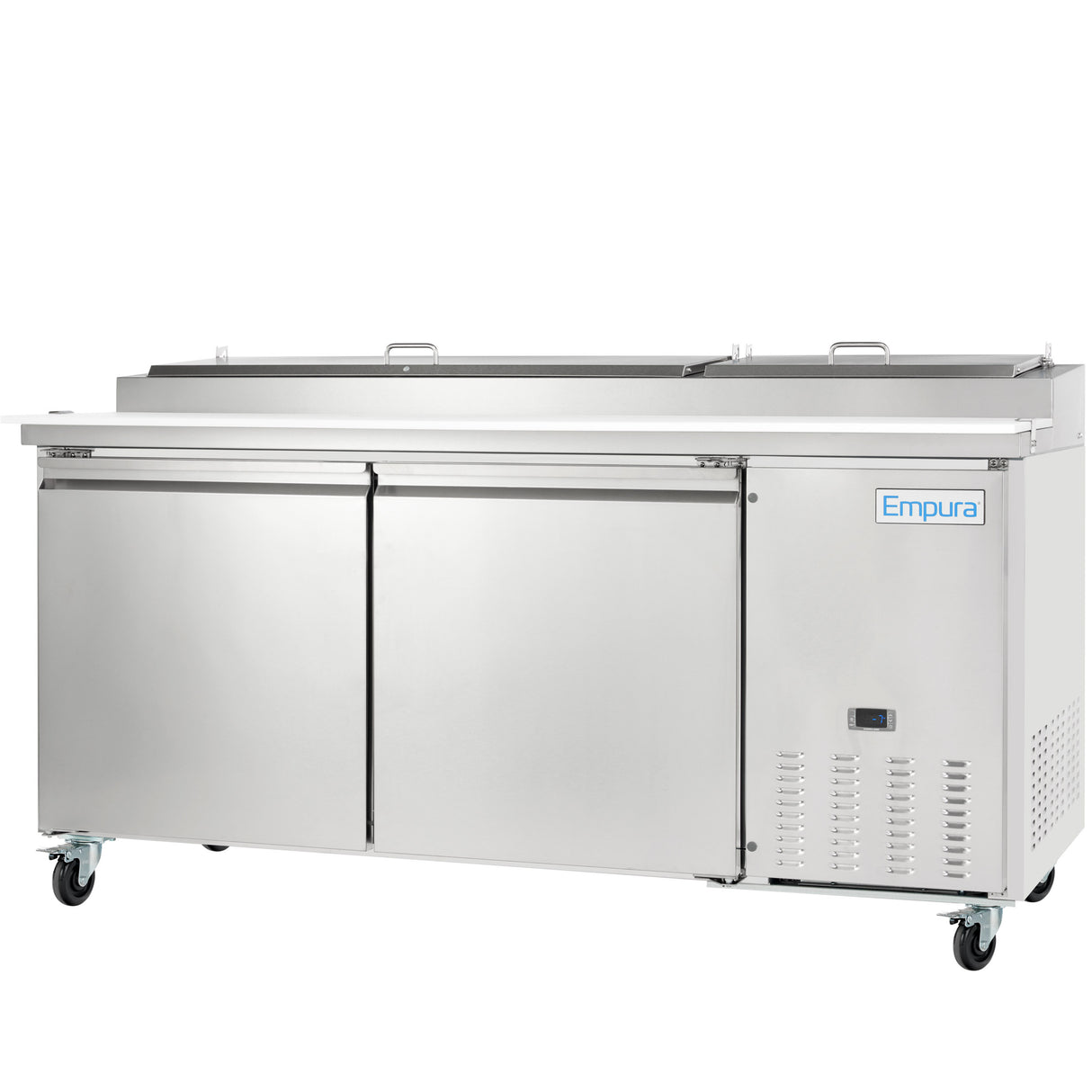 An Empura Refrigeration stainless steel pizza prep table featuring two hinged doors, two upper lids, and four caster wheels. The Empura brand name and a digital control panel are conveniently placed on the bottom right front.