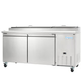 An Empura Refrigeration stainless steel pizza prep table featuring two hinged doors, two upper lids, and four caster wheels. The Empura brand name and a digital control panel are conveniently placed on the bottom right front.