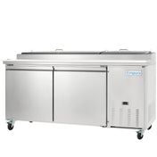 An Empura Refrigeration stainless steel pizza prep table featuring two hinged doors, two upper lids, and four caster wheels. The Empura brand name and a digital control panel are conveniently placed on the bottom right front.