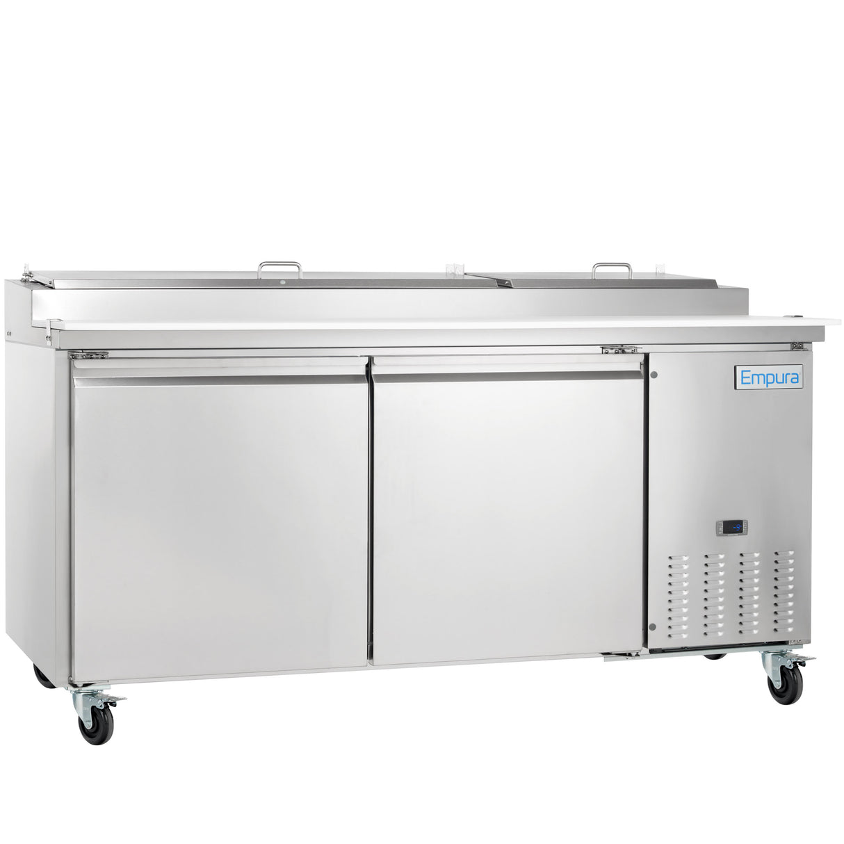 A large Empura Refrigeration stainless steel unit with two doors, a flat top, handle bar, and the brand name on the upper right. This commercial refrigerator is perfect as a pizza prep table, featuring wheels, vents, and a small control panel.