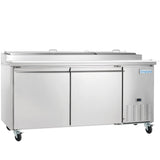 A large Empura Refrigeration stainless steel unit with two doors, a flat top, handle bar, and the brand name on the upper right. This commercial refrigerator is perfect as a pizza prep table, featuring wheels, vents, and a small control panel.