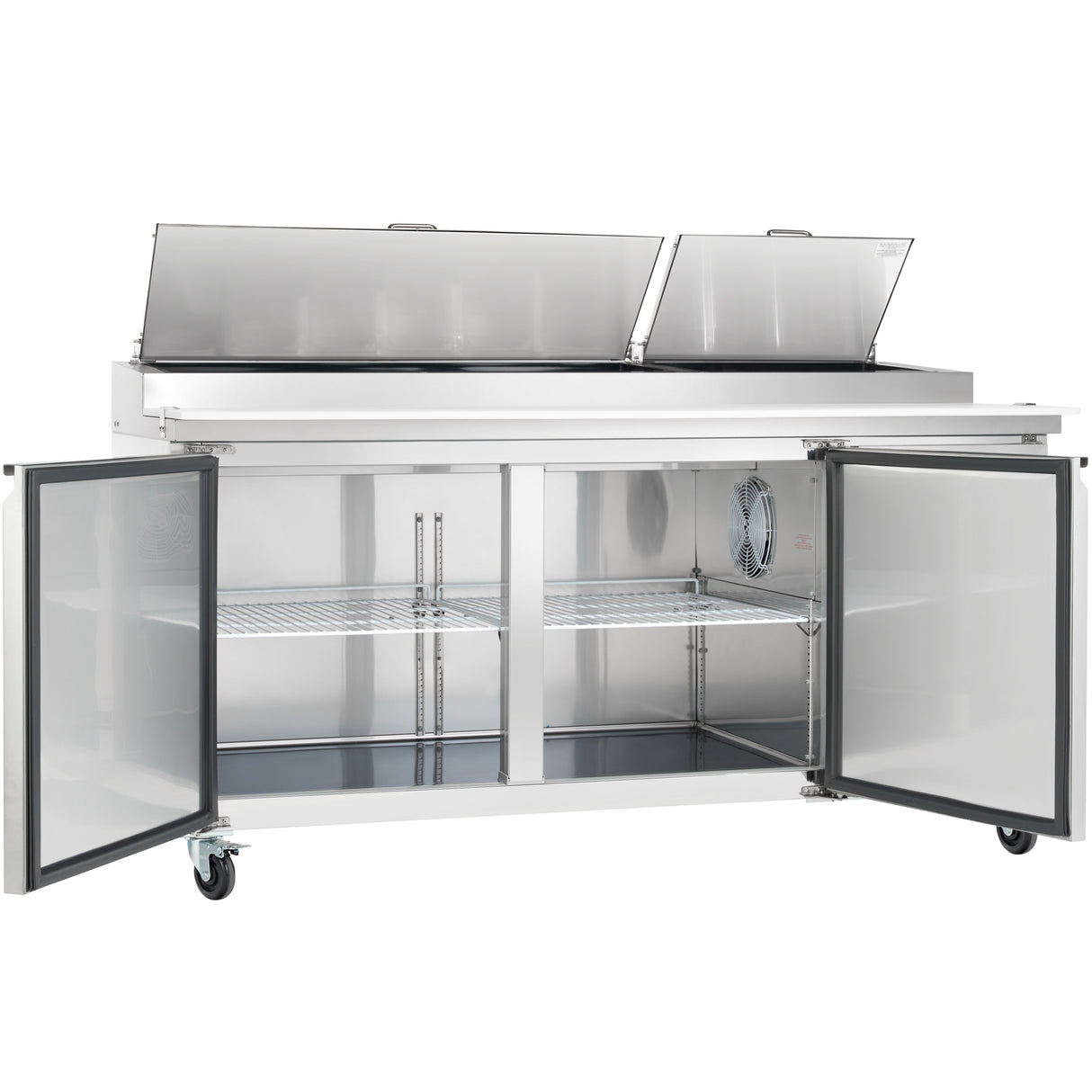 A stainless steel Empura Refrigeration pizza prep table with two open upper lids and two lower doors reveals clean, empty shelves inside. The unit is on wheels, features a wire shelf, and has a reflective interior.