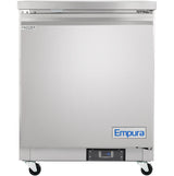 The Empura E-KUC27F is a stainless steel undercounter reach-in freezer on four wheels, featuring a top-hinged door. "FREEZER" is labeled at the top left, with the Empura brand in blue and a digital display panel at the bottom center.